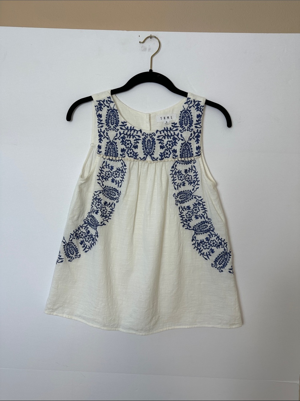 THML Cream Sleeveless Peasant Top with Blue Embroidery